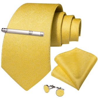 Light Yellow Solid Men's Tie Handkerchief Cufflinks Clip Set