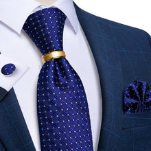 4PCS Blue Plaid Silk Men's Tie Pocket Square Cufflinks with Tie Ring Set