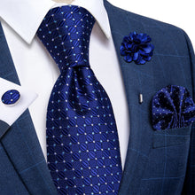 Blue Plaid Silk Men's Necktie Handkerchief Cufflinks Set With Lapel Pin Brooch Set