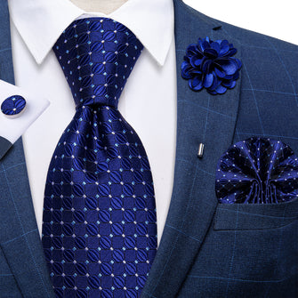 Blue Plaid Silk Men's Necktie Handkerchief Cufflinks Set With Lapel Pin Brooch Set