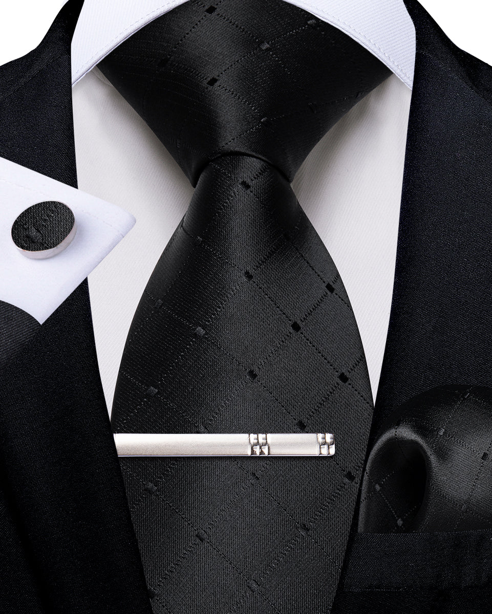 Black Lattice Solid Men's Tie Handkerchief Cufflinks Clip Set