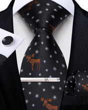 Christmas Black Solid Snowflake Elk Men's Tie Handkerchief Cufflinks Clip Set