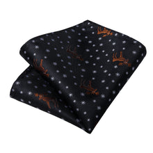 Christmas Black Solid Snowflake Elk Men's Tie Pocket Square Cufflinks Set