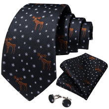 Christmas Black Solid Snowflake Elk Men's Tie Pocket Square Cufflinks Set