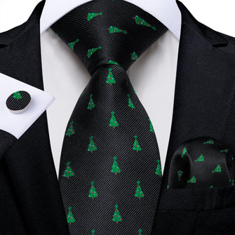 Christmas Black Solid Green Christmas Tree Men's Tie Pocket Square Cufflinks Set