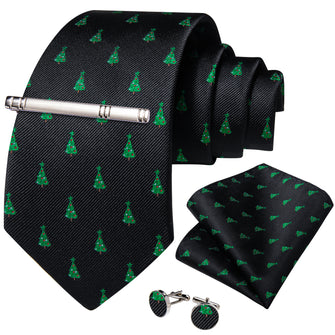 Christmas Black Solid Green Christmas Tree Men's Tie Handkerchief Cufflinks Clip Set