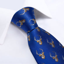 Christmas Blue Solid Elk Men's Tie Handkerchief Cufflinks Clip Set