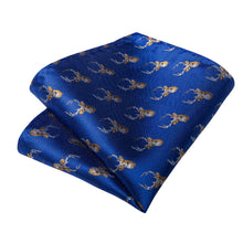 Christmas Blue Solid Elk Men's Tie Handkerchief Cufflinks Clip Set