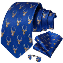 Christmas Blue Solid Elk Men's Tie Pocket Square Cufflinks Set