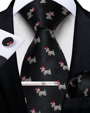 Christmas Black Solid Cartoon Dog Men's Tie Handkerchief Cufflinks Clip Set