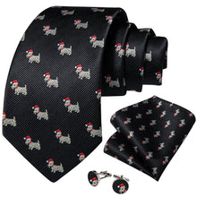 Christmas Black Solid Cartoon Dog Men's Tie Pocket Square Cufflinks Set