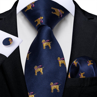 Christmas Dark Blue Solid Cartoon Dog Men's Tie Pocket Square Cufflinks Set