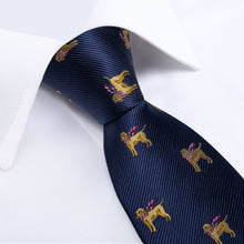 Christmas Dark Blue Solid Cartoon Dog Men's Tie Handkerchief Cufflinks Clip Set