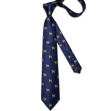 Christmas Dark Blue Solid Cartoon Dog Men's Tie Pocket Square Cufflinks Set
