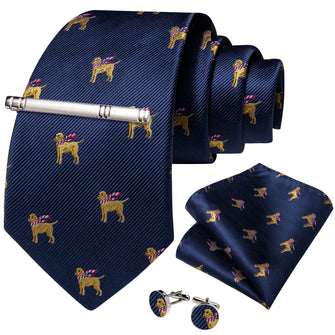 Christmas Dark Blue Solid Cartoon Dog Men's Tie Handkerchief Cufflinks Clip Set