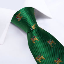 Christmas Green Solid Cartoon Dog Men's Tie Pocket Square Cufflinks Set