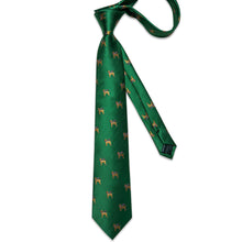 Christmas Green Solid Cartoon Dog Men's Tie Pocket Square Cufflinks Set