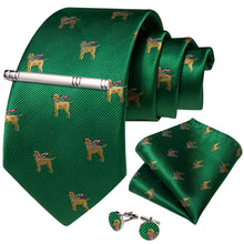 Christmas Green Solid Cartoon Dog Men's Tie Handkerchief Cufflinks Clip Set