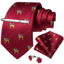 Christmas Red Solid Cartoon Dog Men's Tie Handkerchief Cufflinks Clip Set