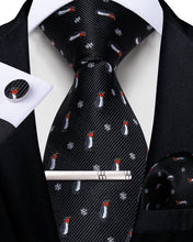 Christmas Black Solid Cartoon Penguin Men's Tie Handkerchief Cufflinks Clip Set