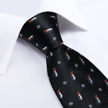 Christmas Black Solid Cartoon Penguin Men's Tie Pocket Square Cufflinks Set