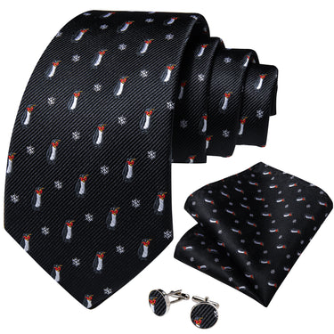 Christmas Black Solid Cartoon Penguin Men's Tie Pocket Square Cufflinks Set