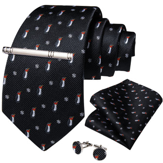 Christmas Black Solid Cartoon Penguin Men's Tie Handkerchief Cufflinks Clip Set