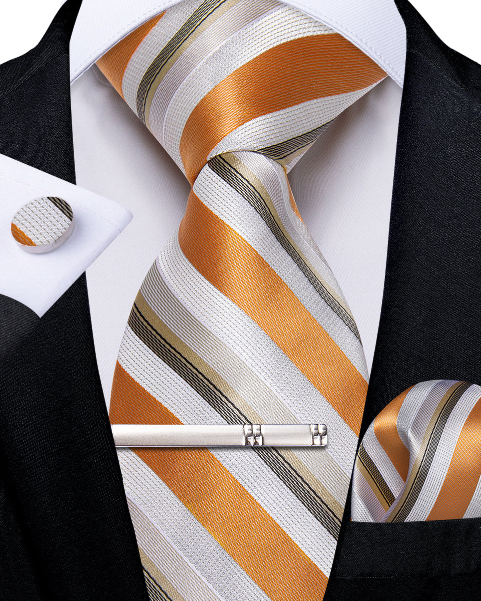 Golden White Striped Men's Tie Handkerchief Cufflinks Clip Set