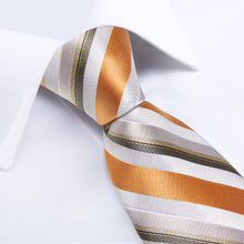 Golden White Striped Men's Tie Handkerchief Cufflinks Clip Set
