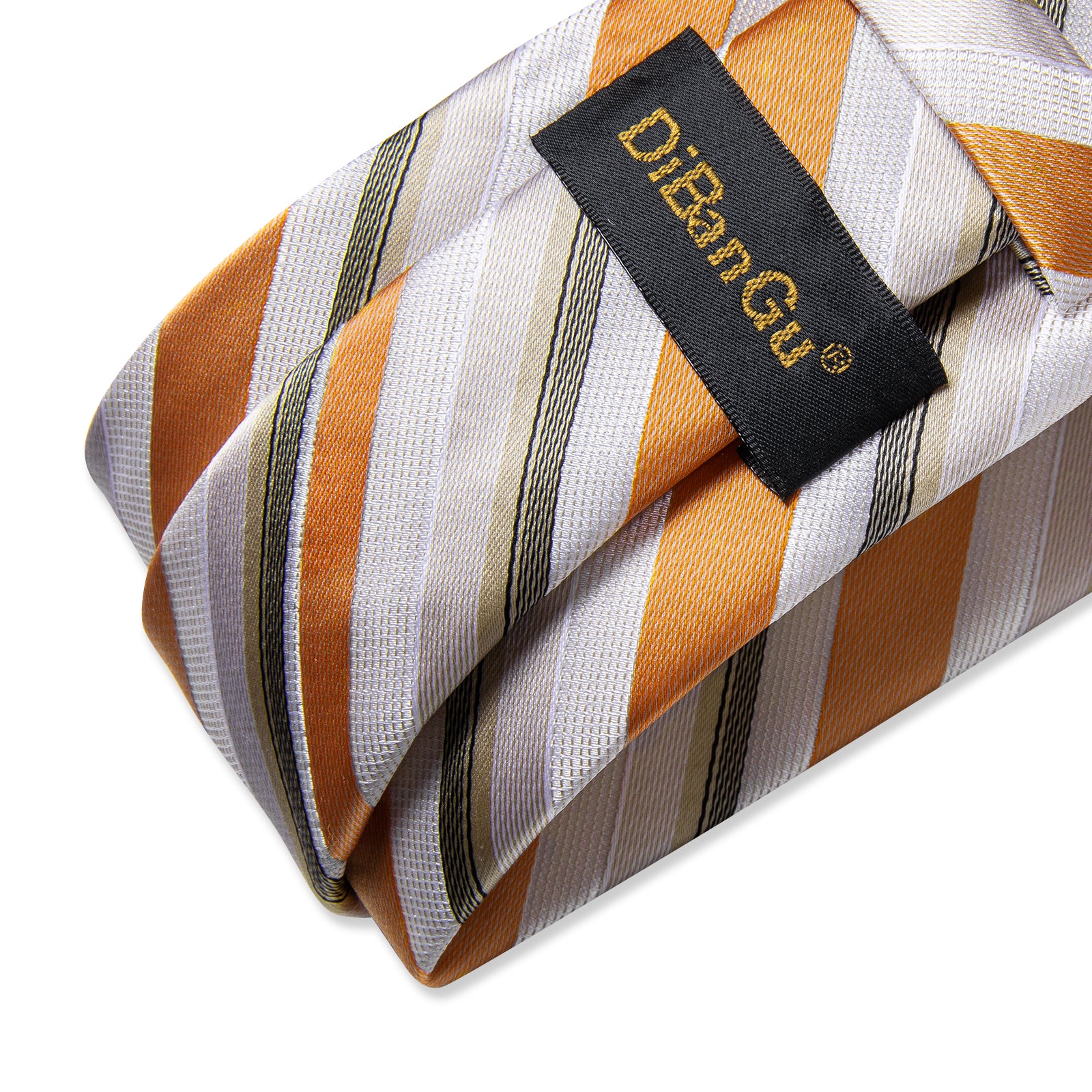 Golden White Striped Men's Tie Handkerchief Cufflinks Clip Set