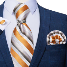 4PCS White Green Golden Stripeds Silk Men's Tie Pocket Square Cufflinks with Tie Ring Set
