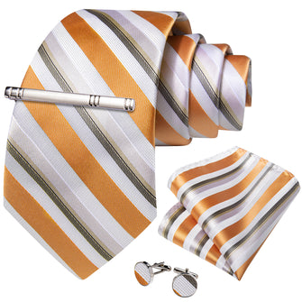 Golden White Striped Men's Tie Handkerchief Cufflinks Clip Set
