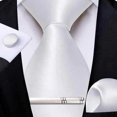 Whtie Solid Men's Tie Handkerchief Cufflinks Clip Set