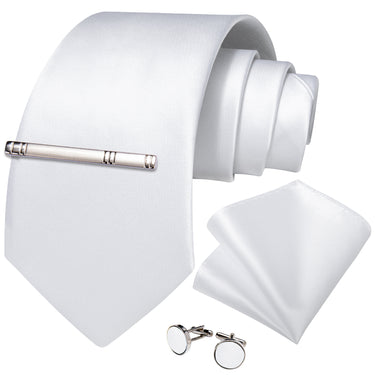 Whtie Solid Men's Tie Handkerchief Cufflinks Clip Set
