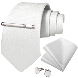 Milky White Solid Men's Tie Handkerchief Cufflinks Clip Set