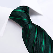 Black Green Striped Men's Tie Pocket Square Handkerchief Set