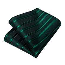 Black Green Striped Men's Tie Handkerchief Cufflinks Clip Set