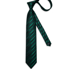 Black Green Striped Men's Tie Handkerchief Cufflinks Clip Set