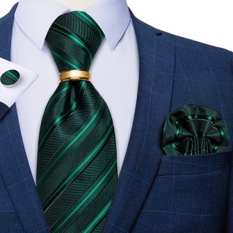 4PCS Green Stripeds Silk Men's Tie Pocket Square Cufflinks with Tie Ring Set