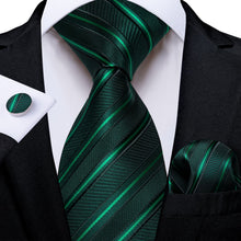 Pine Green Striped Lazy Easy-pull Mens Dress Silk Ties Pocket Square Cufflinks Set