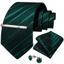 Black Green Striped Men's Tie Handkerchief Cufflinks Clip Set