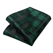 Black Green Plaid Men's Tie Pocket Square Handkerchief Set