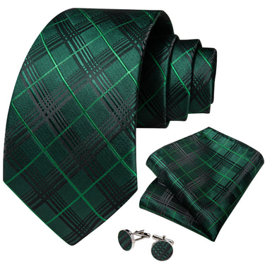 Black Green Plaid Men's Tie Pocket Square Handkerchief Set