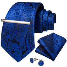 Blue Floral Men's Tie Handkerchief Cufflinks Clip Set