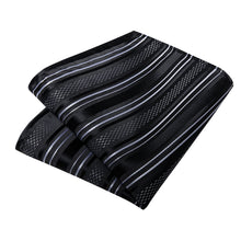 Black White Striped Men's Tie Pocket Square Handkerchief Set
