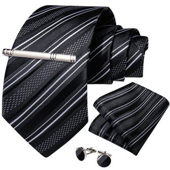 Black White Striped Men's Tie Handkerchief Cufflinks Clip Set