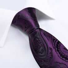 Purple Floral Men's Tie Handkerchief Cufflinks Clip Set