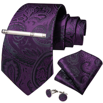 Purple Floral Men's Tie Handkerchief Cufflinks Clip Set