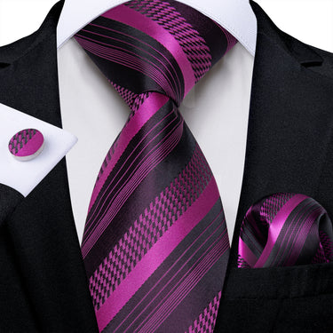 Black Pink Striped Men's Tie Pocket Square Handkerchief Set