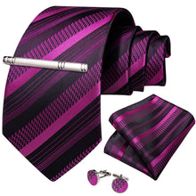 Black Pink Striped Men's Tie Handkerchief Cufflinks Clip Set